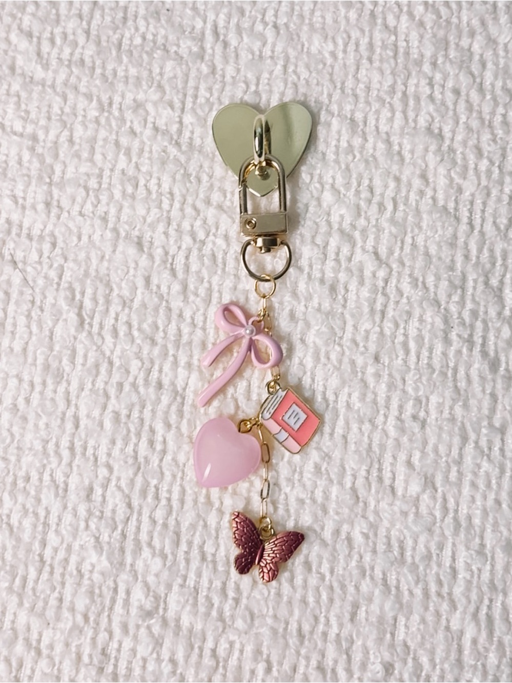 Gold Heart Clip Keychain with Pink Charms - Bow, Heart, Book, Butterfly